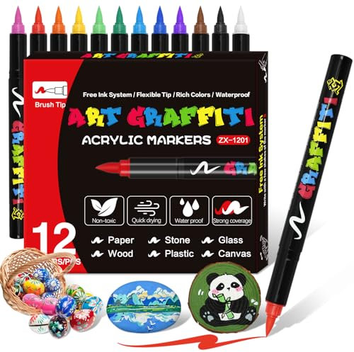 Alitastro Paint Pens Acrylic Markers - 12 Colors Brush Tip Water Based Marker Pens for Rock Painting, Wood, Ceramic, Glass, Acrylic Paint Markers for Christmas Easter Egg Pumpkin Making