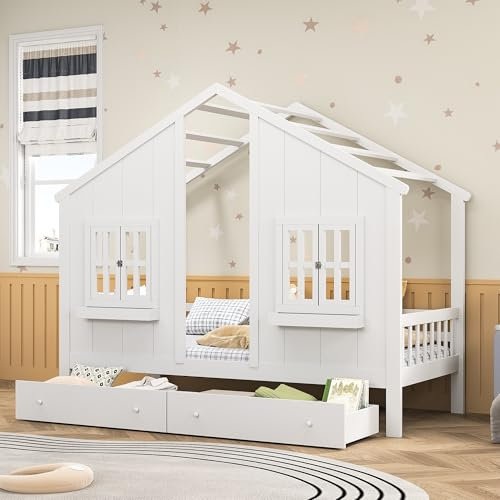 PerGar Kinderbett 90x200 cm mit 2 Schubladen und Fenster, vielseitiges Holz Massivholz Kinder Bett, Hausbett für Jungen & Mädchen, Jugendbett mit Rausfallschutz Fenster und Lattenrost, Weiß