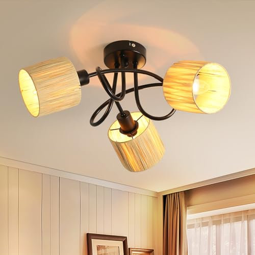 Deboola Deckenlampe 3 Flammig Deckenleuchte Boho - Natur Flurlampe Umgeben Design Küchelampe Innen E14 Deckenbeleuchtung für Flur Schlafzimmer Wohnzimmer Esszimmer Küche(Ohne Leuchtmittel)