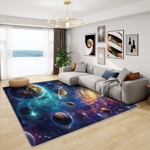Generisch Planeten Teppich Kinderzimmer - Teppich Wohnzimmer Schlafzimmer Weltraum Kinder, Großer Teppich Junge Planeten, Weich Kurzflor & Waschbar & rutschfest Kinderteppich, Bettvorleger 120x170 cm