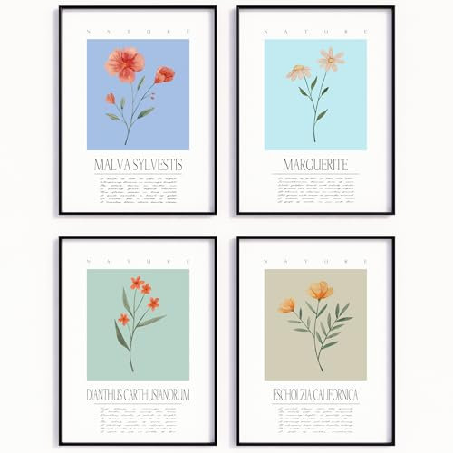 MJ-GRAPHICS® Blumen Poster Set Vintage Botanische Wandbilder Aquarell Poster Blumen Illustration Natur Deko für Wohnzimmer Schlafzimmer Küche Flur Wanddeko Boho Stil Pflanze – A3 4er Set Ohne Rahmen