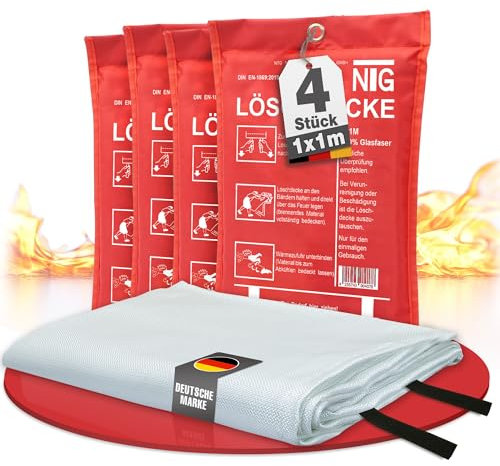 NTG Feuerlöschdecke – Löschdecke 1x1m für Küche & Zuhause – DIN EN 1869:2019 Zertifiziert – Löscht alle Feuerarten, inklusive Fettbrand – Brandschutzdecke - hinterlässt keine Rückstände (1x1m 4er Set)