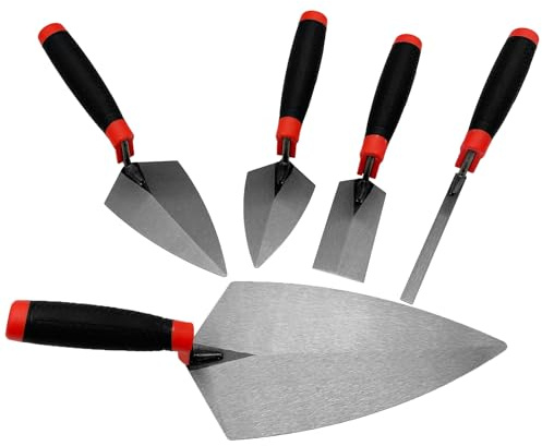 Hubaow 5 Pieces Masonry Hand Tool Set, Carbon Steel Concrete Tools Set Includes 1 - Brick Trowel, 2 - Pointing Trowels, 1-2 x 6 Margin, 1-0.5 Tuck Pointing Tool
