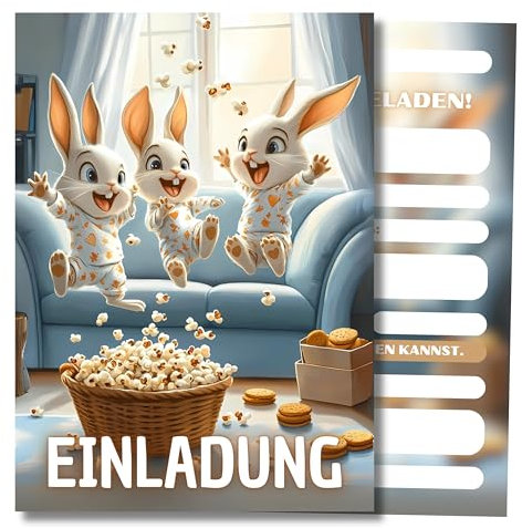 HIDEBLOOM Einladungskarten Pyjamaparty I 12 Stück I DIN A6 (10,5 cm x 14,8 cm) I Einladung Übernachtungsparty Hasen I Einladungskarten Kindergeburtstag Mädchen und Junge I Sleepover Übernachtung