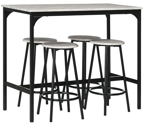 HOMCOM Set Tavolo Bar con 4 Sgabelli, Bancone, Tavolo Alto con Sgabelli con Poggiapiedi, Tavolino Bar per Pranzo, Soggiorno e Cucina, Grigio e Nero