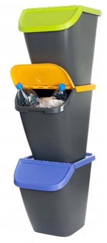 Sorting Waste Bin Recycling 23L Trash Segregation Stackable Lidded 5 colour Paper Plastic Glass (1, SET 3 Yellow + Blue + Green)