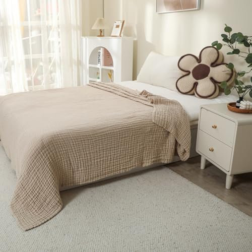 Uornwz Montivo Musselin Decke, Leichte Sommerdecke Aus Baumwolle, Atmungsaktiv & Weich, Boho-Bettwäsche, Ganzjahresdecke, 4-Lagige Gaze-Decke, überwurf Für Couch, Bett (Hellbeige, 130 * 150cm)
