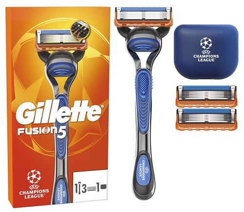 Gillette Fusion5 Rasierer für Männer UEFA Champions League Special Edition, 1 Gillette Rasierer, 3 Ersatzklingen, Mit Gleitstreifen und 5 Klingen, langanhaltende Rasur inkl Reiseschutzkappe
