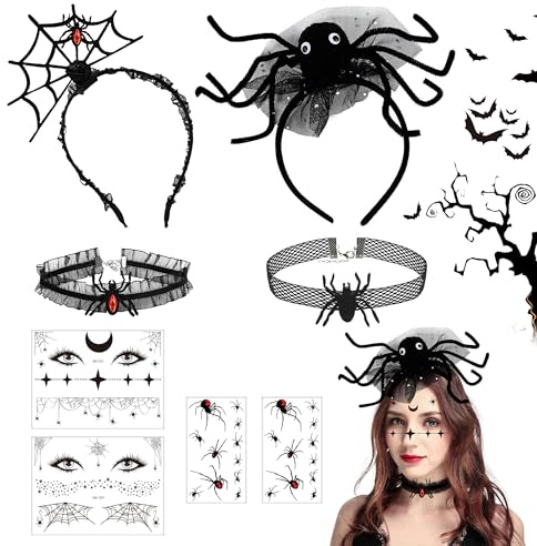PYSEOSISE Serre Tete Halloween, 2 Pièces Serre-Tete Araignée avec Colliers et Tatouage, Araignée Serre Tête Halloween Bandeau pour Femme Déguisements Costume Cosplay Fête