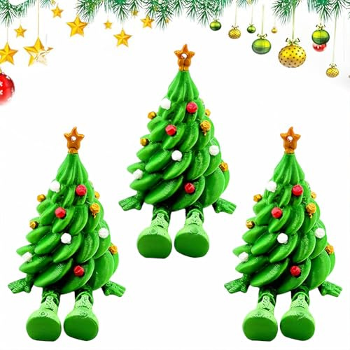 3D Printed Christmas Tree Desk Decorations 3Pcs Small Plastic Christmas Trees Figurine with Articulated Legs Cute Children's Gifts Festive Desktop Figurine for Home Office Party