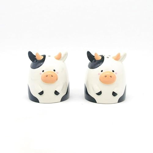 Puckator Juego de salero y pimentero de cerámica de vaca negra y blanca, recargable, salero y pimentero, juego de ollas de Reino Unido, juego de accesorios de cocina negro, blanco y rosa, molinillos