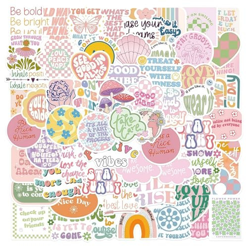 100PCS Preppy Aesthetic Stickers Pack, Waterproof Vinyl Decals & Scrapbook Stickers for Journaling Supplies, Laptop Stickers, Phone Case Stickers, Sticker Sheets with Positive Motivational Quotes