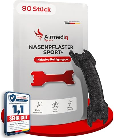 AirMediq® Nasenpflaster Sport 90 Stück für besseres Atmen im Training & Gym | Breathing Nose strips. Unterstützt die Nasenatmung im Gym. Starker Halt auch bei Schweiß. Nasenstrips für Sport & Bewegung.