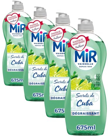 Mir Vaiselle, Liquide Vaisselle Mains, Secrets de Cuba, Menthe et Citron Vert, Degraissant, Sans Conservateurs ni Allergenes Parfum, Marque Preferee des Francais, 675ml (Lot de 4)
