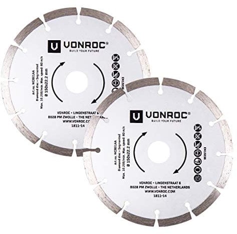 VONROC Disques diamant pour rainureuse - 150 mm universelles, diamètre intérieur de 22.2mm - 2 pièces - pierre et matériaux durs