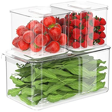 SANNO Kühlschrank Lebensmittel Aufbewahrungsbehälter, Frischhaltedosen mit Deckel, stapelbare Küche Organizer Keeper, Behälter, mit abnehmbaren Abfluss Tablett frisch zu halten - 3er Packung