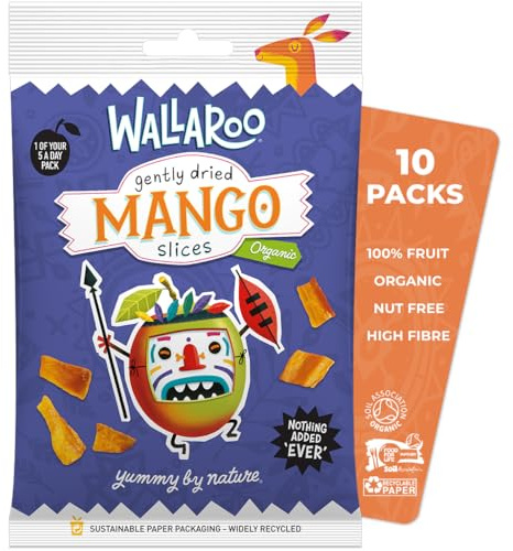 Wallaroo Organic Dried Mango | 100% Mango, No Added Sugar | Organic Fruit, High Fibre, Low Calorie, No Preservatives, Nut Free | Dried Fruit Snacks | Healthy Snacks | Multipack 10x30g
