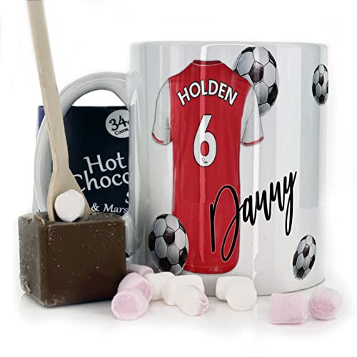 Personalised Belgian Milk Chocolate/Hot Chocolate Stirrer Marshmallow Gift Set, Custom Name/Number/Text on 11oz Happy Birthday Football Mug with Red and White Shirt