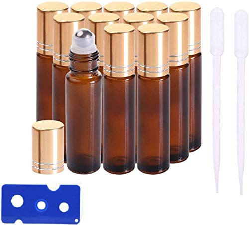EBETA 12 Stück 10ml Ätherische Öle Roller Flaschen Braun Bernstein Glasflaschen Edelstahl Roller Bällen für aromaöl und duftöl nachfüllbares (Trichter, Flaschenöffner, Pipetten)