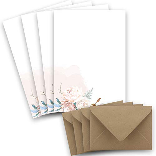 50 Briefbogen-Sets DIN A4 - Naturpapier mit Motiv Trockenblume - mit Briefumschlägen DIN C6 in Kraftpapier Braun Briefpapier bedruckbar ideal für Hochzeitseinladungen
