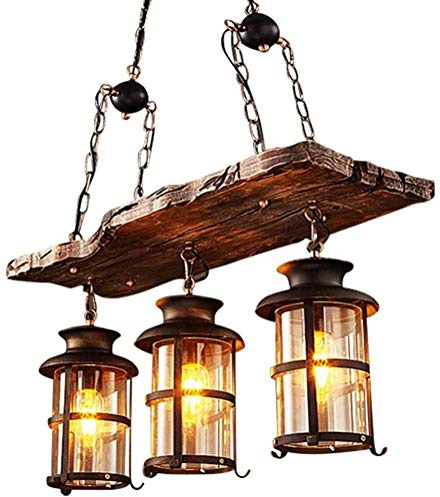 GHY Rétro Pendentif Lumière Salon Personnalité Lampe Suspendue Bar Industrielle Lampe en Bois Pendentif en Métal Réglable en Hauteur Suspension E27 Salle À Manger Cuisine Café,3 Heads