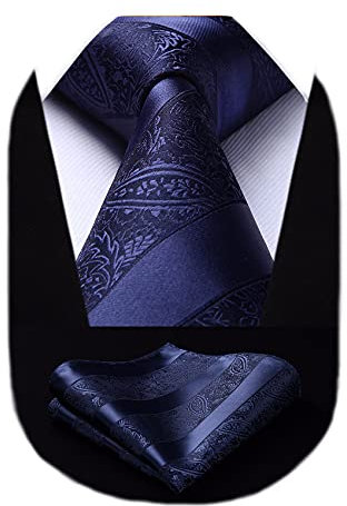 HISDERN Herren Krawatte Taschentuch Paisley Krawatte & Einstecktuch Set Blumen Jacquard Gewebt Schlips Einfarbig (Navyblau)