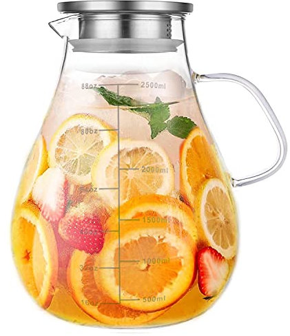 Glaskrug mit Deckel, 2500 ml mit präziser Skalenlinie, Heiß-/Kaltwasserkrug, Saft und Eistee, Getränkekaraffe mit Deckel