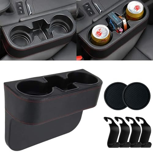 Ruucy Auto Getränkehalter Becherhalter PU Leder Getränkehalterung Auto Organizer Aufbewahrungsbox Getrankehalt für Kaffee, Getränk, Flasche, Milch(Mit 4 Auto Haken + 2 Auto Untersetzer-Schwarz)