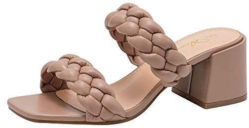 Athlefit Women's Braided Heeled Sandals Strappy Square Open Toe Heels Backless Mules Slip On Block Heels Nude Size 8