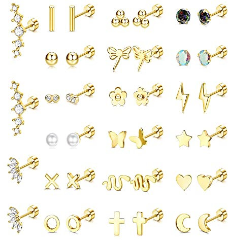JeryWe Edelstahl Gold Ohrknorpel Ohrringe für Damen Mädchen - 20G Helix Piercings Tragus Knorpel Creolen Mit Mond Stern Kleine Blume Conch Schraube Flache Rückseite (20 Paar)