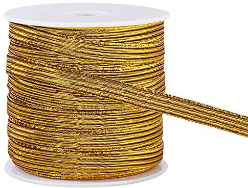 BENECREAT 27 Yard/25 m Glitzer-Metallic-Gummiband 1/4 Zoll (6 mm) Goldfarbene Flache Nylon-Elastikschnüre Für Die Schleifenherstellung, Nähen von Bekleidungszubehör, Geschenkpapier