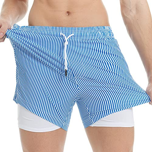 MaaMgic Herren Badehose mit Kompression Badeshorts 2 in 1 | 5.5 Schnelltrocknend lässige Swim Shorts Kurz Boardshorts mit Innenhose Reißverschlusstasche XS - XXL,Blau Weiß Streifen 5.5,L