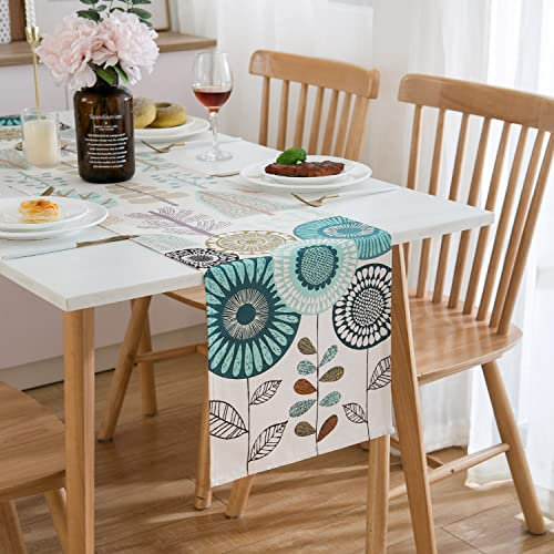 Tischläufer Frühling Blau Blumen Sonnenblume Tischläufer Modern Wohnzimmer Abstrakt Tischdecke Leinen Bunt Tischdecke Faltenfrei rutschfest Tischband Dekoration für Party Urlaub 40x140 cm