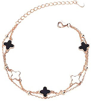 Armband Damen Vierblättriges Kleeblatt S925 Sterling Silber Rosegold Armkette Verstellbar Kleeblatt armbänder Malachit Armbändchen Valentinstag Muttertag Weihnachten Geschenk für Frauen