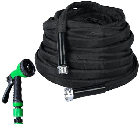 DTRK Tubo da giardino da 1,5 cm x 30,5 m, resistente, con ugello a 7 funzioni, leggero e flessibile, senza pieghe, in tessuto extra resistente, per irrigazione e pulizia (nero)