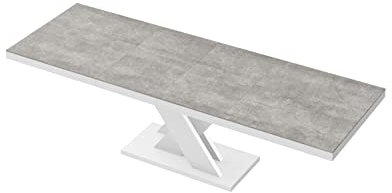 Design Esstisch Tisch HEN-111 Hochglanz ausziehbar 160 bis 256 cm (Betonoptik/Weiß Hochglanz)