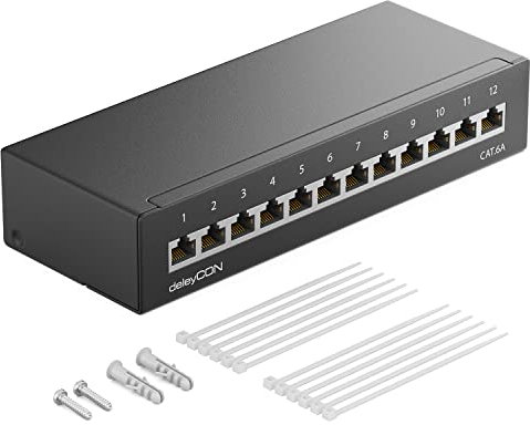 deleyCON CAT 6a Panneau de Brassage Panneau de Distribution 12 Ports 1 UH Desktop & Mural Blindé 12x Prise RJ45 LAN Câble D'installation Réseau TIA568A TIA568B RAL 9005 Noir