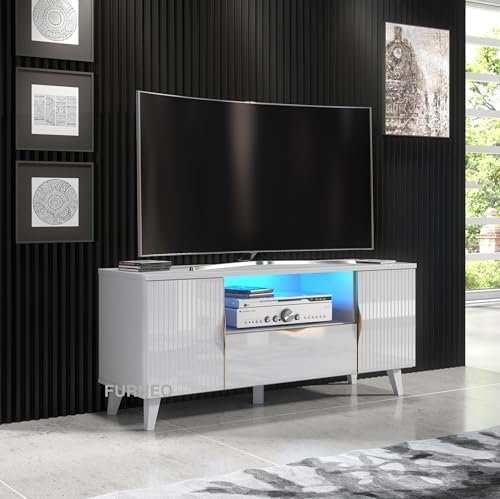 Furneo Azzurro 08 White TV Stand, 120cm Unit Cabinet, Matt and High Gloss Finish, Brushed Gold Handles, LED Lights