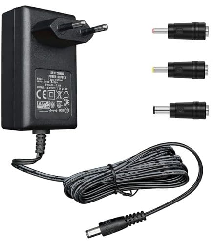 12V 2A/2000mA Netzteiladapter, AC 100-240V 50/60Hz auf DC 12V 2A 24W, 5,5 x 2,1mm Wandladegerät, Mitte positiv, 1,8m langes 20-AWG-Kabel für stabilen und flexiblen Einsatz, 3 Aufsätze enthalten