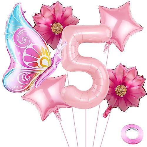 Weenkeey 5 Jahre Schmetterling Geburtstag Deko Große Schmetterling Folienballon 5. Geburtstag Schmetterling Luftballon Rosa Zahl 5 Luftballon für Mädchen Geburtstag Party