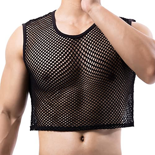 YUFEIDA Men's Sports Undershirts Fishnet Crop Top Mesh See Through Crops Half Tank Tops Novelty T-Shirts Undershirts for Men