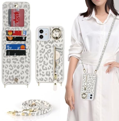 Zouzt for iPhone 12/12 Pro Case with Cord and Card Holde, Zipper Wallet Case with Crossbody Lanyard Ring Adjustable Necklace Protective Cover Women for iPhone 12/12 Pro 6.1 Inch - White Leopard