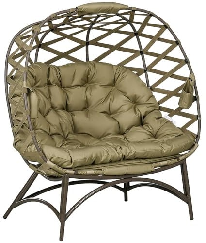 Outsunny Egg Chair Outdoor, 2 Seater Folding Weave Garden Furniture Chair with Cushion, Cup Pockets for Patio Balcony - Khaki