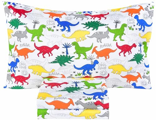 Scientific Sleep Bettwäsche-Set für Doppelbett, buntes Dinosaurier-Motiv, 100 % Baumwolle, gemütlich, Bettlaken, Spannbetttuch und Kissenbezug, für Kinder, Jungen, Mädchen, natürliches Bettwäsche-Set