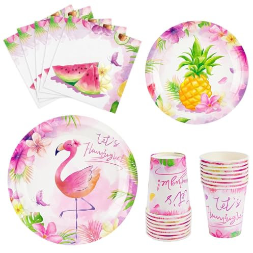 WERNNSAI Lot de 64 décorations de fête en forme de flamant rose - Assiettes jetables hawaïennes - Serviettes de table - Pour enfants et filles - Décoration de fête