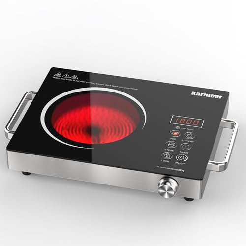 Karinear Portable Electric Stove 110V, 1800W Electric Hot Plate with Handle, Knob Control Single Burner Electri Cooktop, Ceramic Infrared Countertop Burner, Timer, Safety Lock
