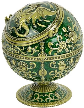Drachen Aschenbecher mit Deckel - Jade Grün Gold Zinklegierung Winddichter Aschenbecher 3D geprägtes Design, Kegel Räuchergefäß für Männerhöhle, Fantasie, Mittelalterzimmer