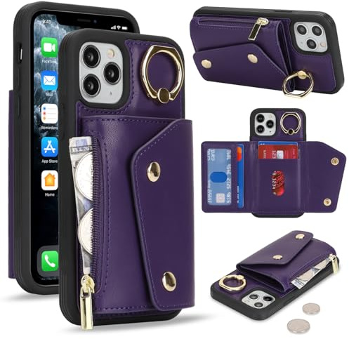 Lipvina für iPhone 11 Pro Hülle mit Kartenhalter Handyhülle mit Schlüsselanhänger Hülle geldbörse Leder Reißverschluss für Herren und Damen - Tief Violett