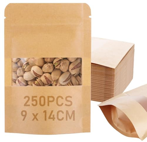 YOUNTHYE 250PCS Brown Paper Bags with Window, 9x14cm Kraft Bags Resealable Pouches with Clear Window, Kraft Paper Food Bags for Dried Food Nuts Tea Coffee Beans