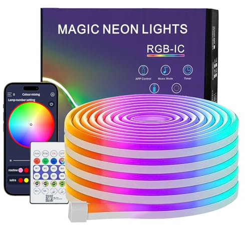 PSTAR Ruban LED Néon 5M, Bluetooth Flexible Néon en Silicone avec APP/Télécommande, Etanche IP67, Synchronisation Musicale, Décoration Extérieur/Intérieur pour Fête